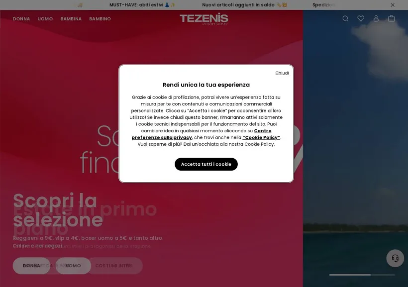 Schermata della pagina offerta di Tezenis