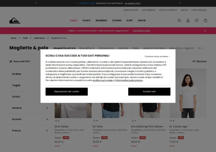 Schermata della pagina offerta di Quiksilver 