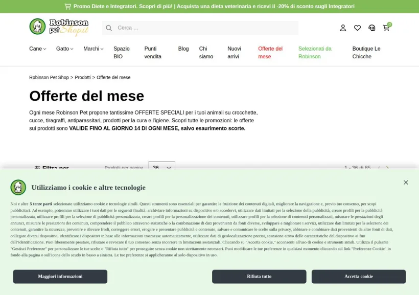 Schermata della pagina offerta di Robinson Pet Shop