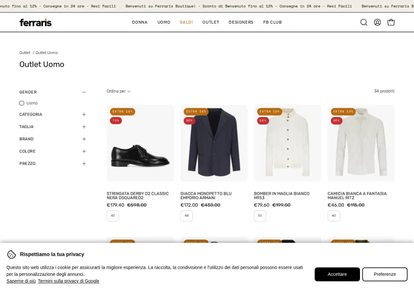 Schermata della pagina offerta di Ferraris Boutique