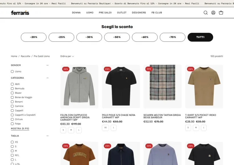 Schermata della pagina offerta di Ferraris Boutique