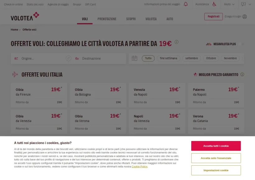 Schermata della pagina offerta di Volotea