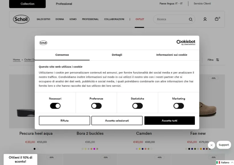 Schermata della pagina offerta di Scholl shoes