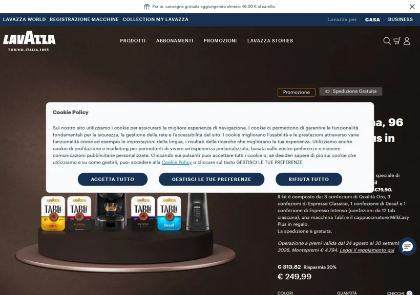 Schermata della pagina offerta di Lavazza