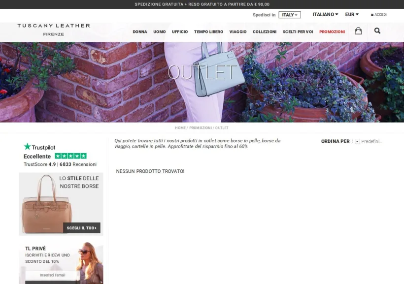 Schermata della pagina offerta di Tuscany Leather