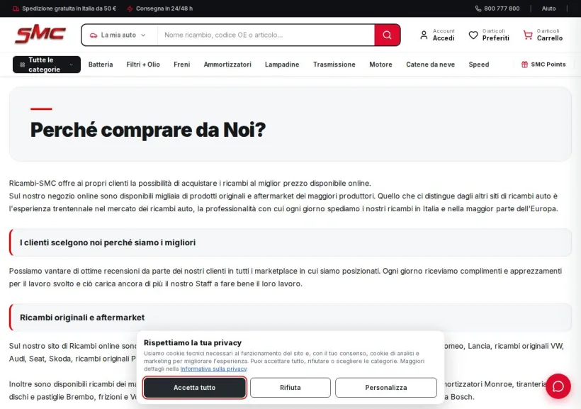 Schermata della pagina offerta di Ricambi Auto SMC
