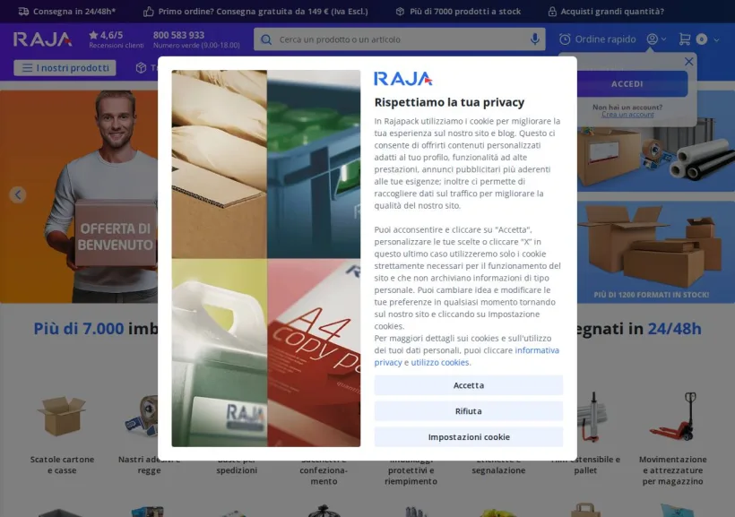 Schermata della pagina offerta di Rajapack
