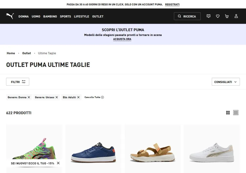 Schermata della pagina offerta di PUMA
