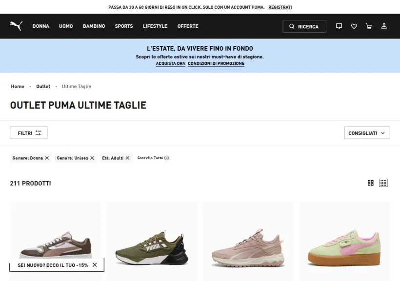Schermata della pagina offerta di PUMA