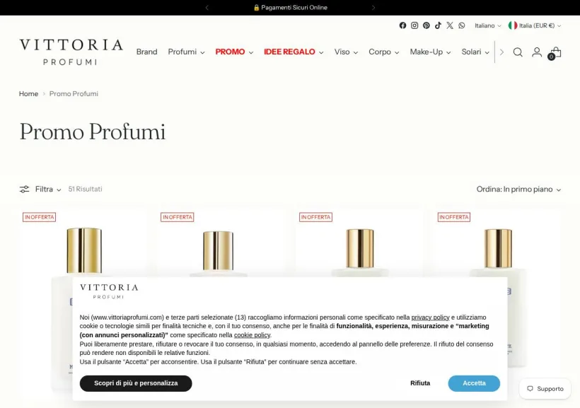 Schermata della pagina offerta di Vittoria Profumi