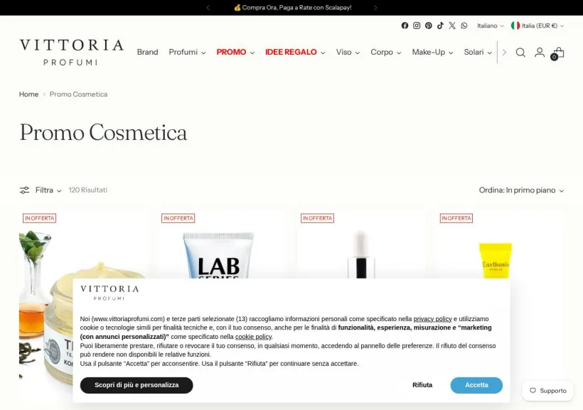 Schermata della pagina offerta di Vittoria Profumi