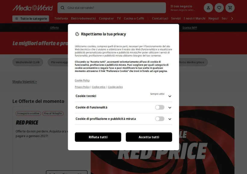 Schermata della pagina offerta di Mediaworld