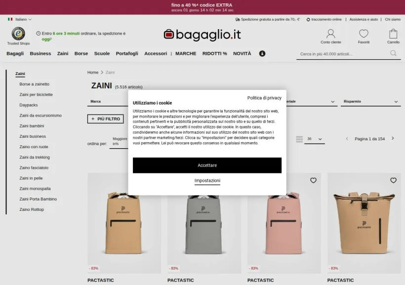 Schermata della pagina offerta di Bagaglio.it