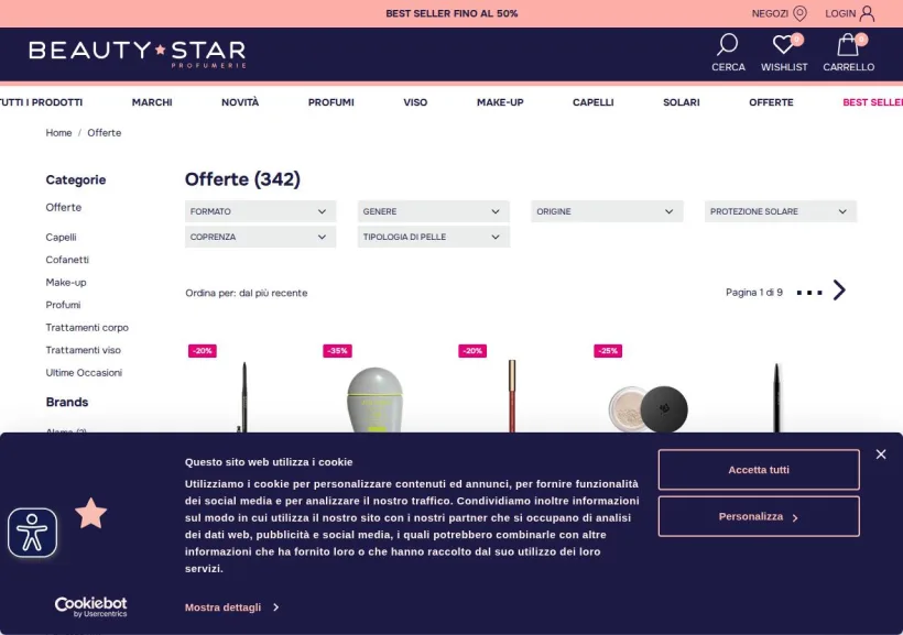 Schermata della pagina offerta di Beauty Star