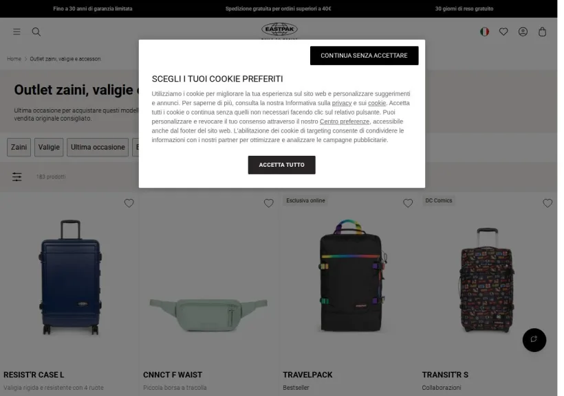 Schermata della pagina offerta di Eastpak