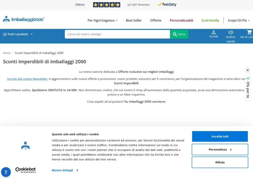 Schermata della pagina offerta di Imballaggi2000