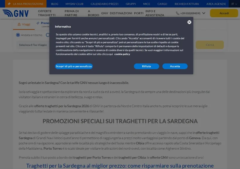 Schermata della pagina offerta di Grandi Navi Veloci