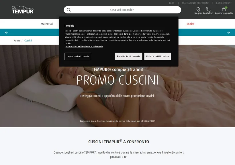 Schermata della pagina offerta di Tempur